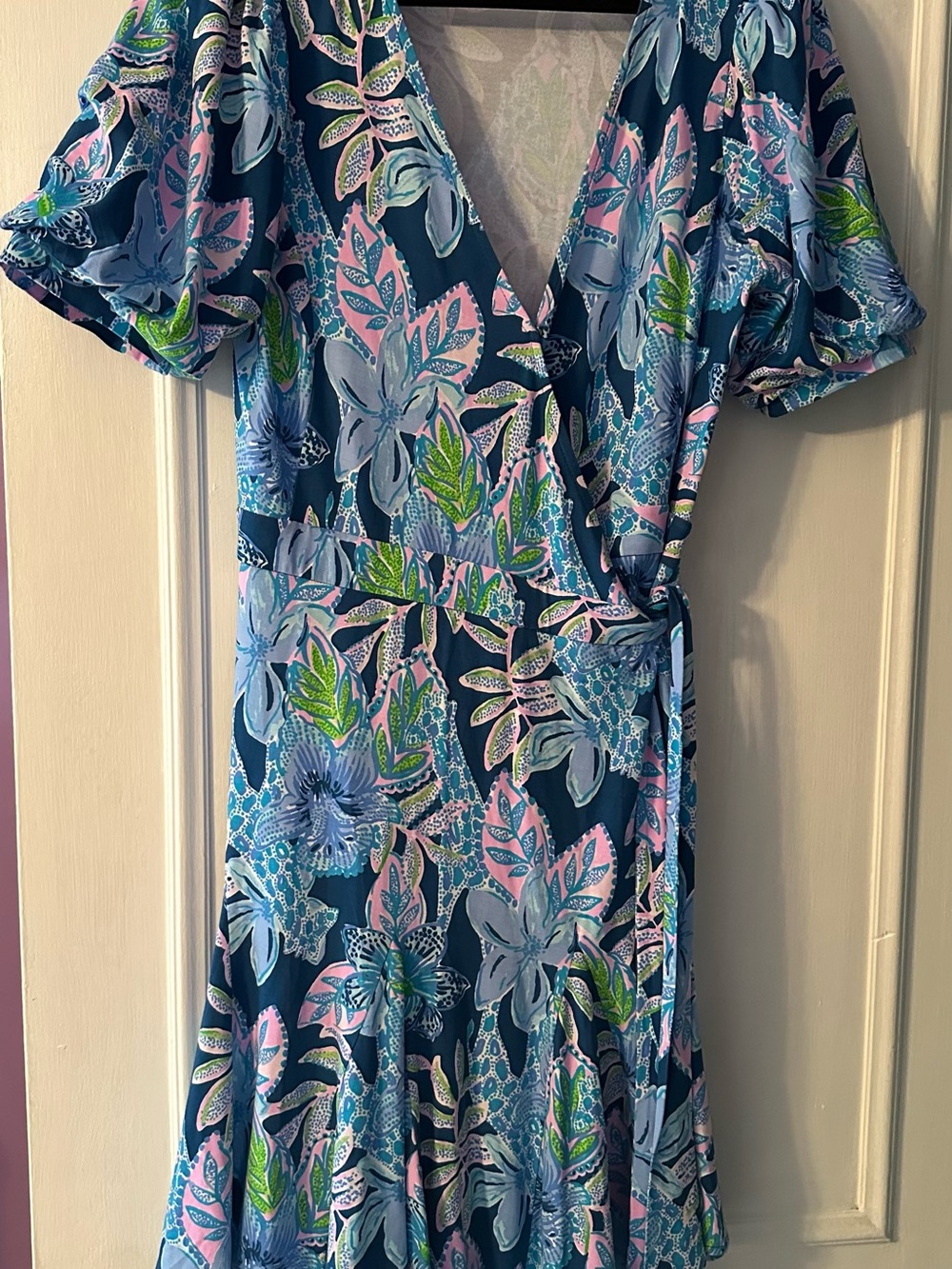 Lilly Pulitzer Kessler Navy Wrap Dress with Pink, Blue & Green Floral Print. Med